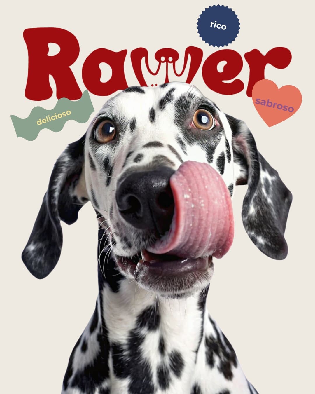 Pieza de Rawer: un dálmata relamiéndose, con el logo de la marca y las palabras “delicioso”, “rico” y “sabroso”.