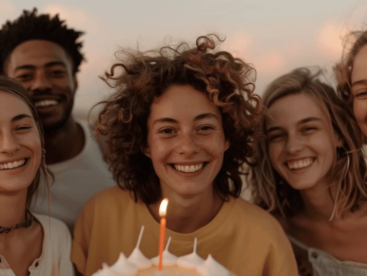 Un grupo de amigos festeja un cumpleaños alrededor de una torta con una vela