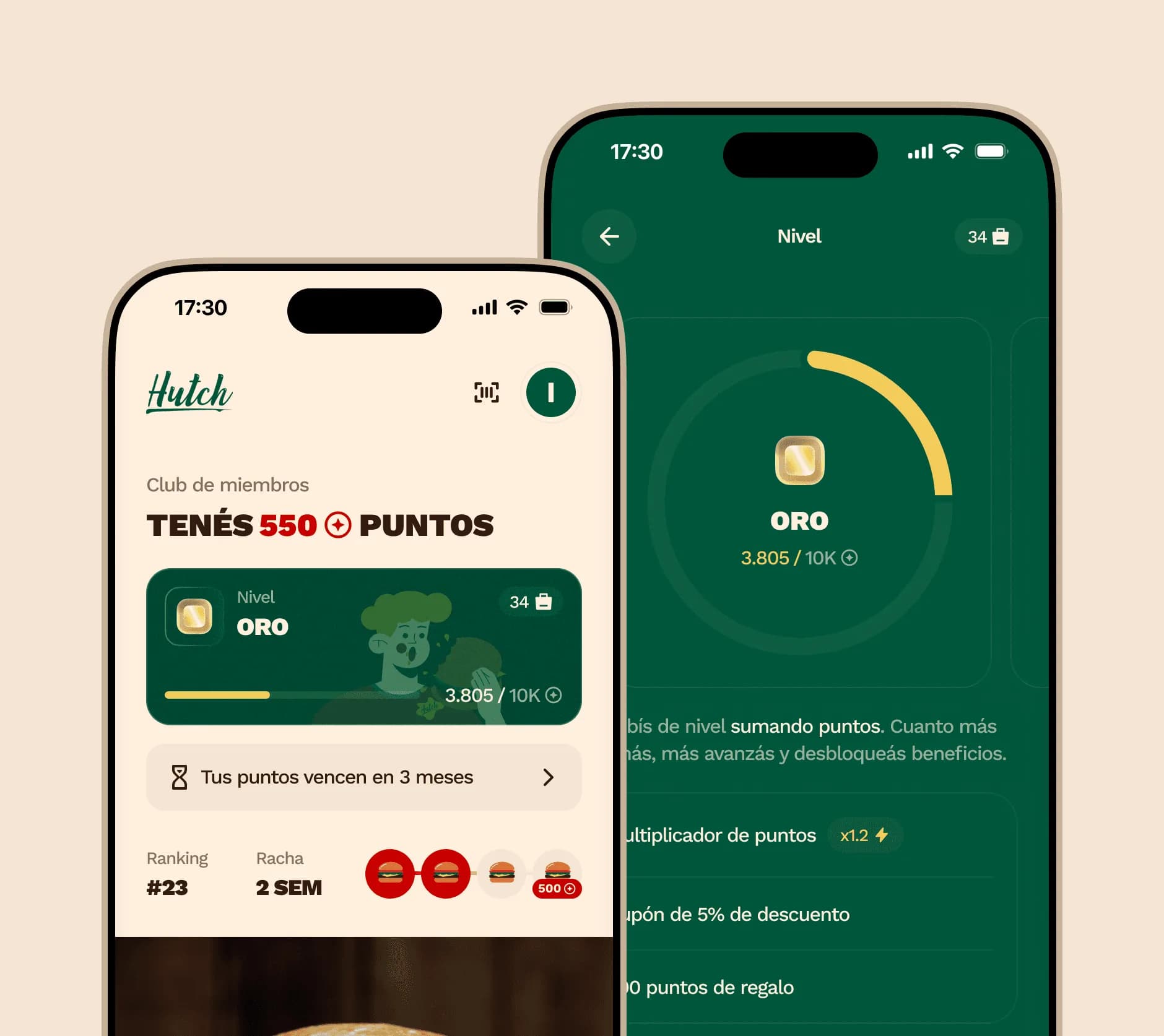 Dos teléfonos con la pantalla del club de un programa de fidelidad: el saldo de puntos y el nivel Oro alcanzado