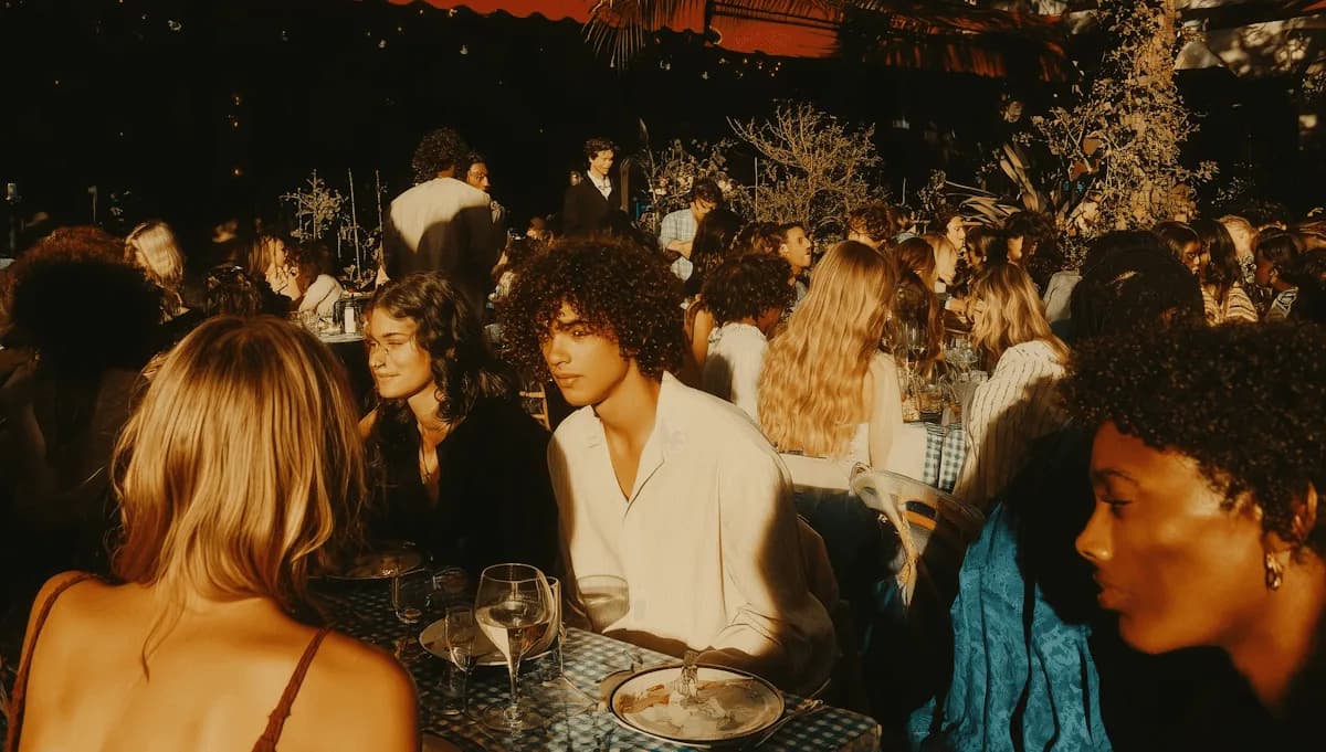 Una mesa larga llena de gente cenando en una terraza de noche
