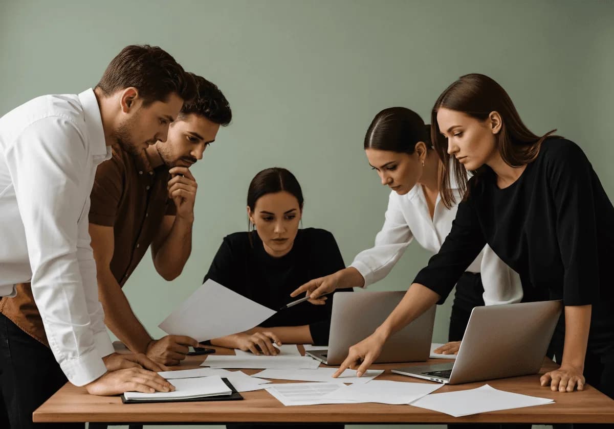 Un equipo de trabajo revisa papeles y notebooks alrededor de una mesa