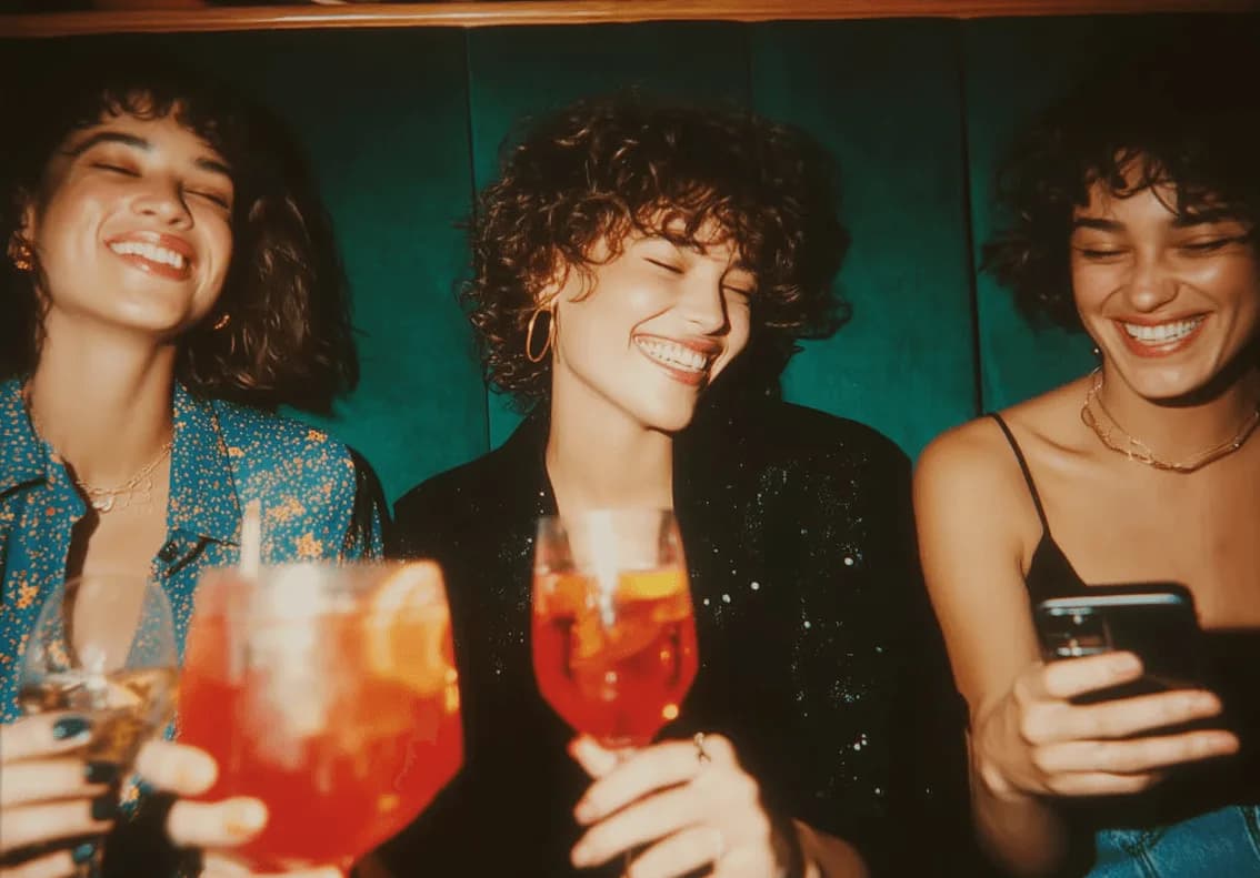 Tres amigas brindan con tragos mientras una sostiene el teléfono