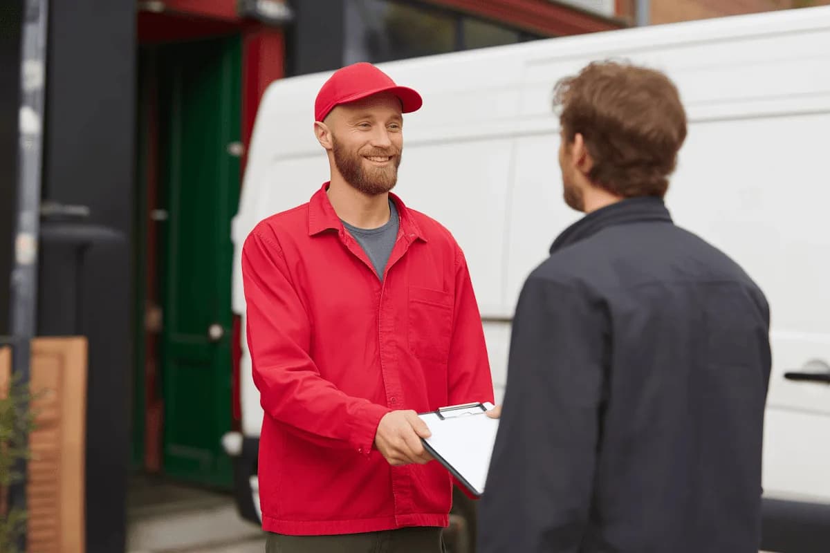 Un repartidor con gorra roja conversa con un cliente al lado de su camioneta