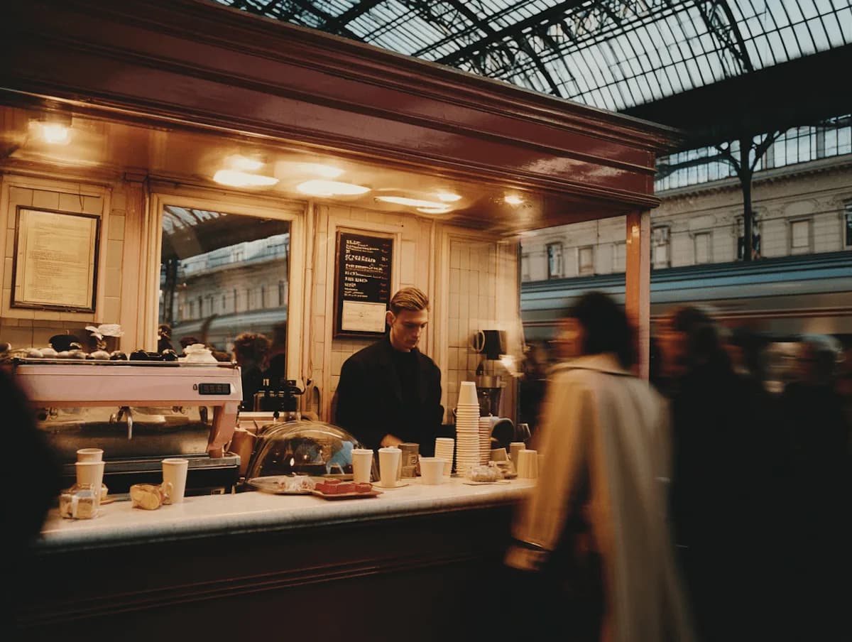 El bar de una estación de tren con gente pasando en movimiento