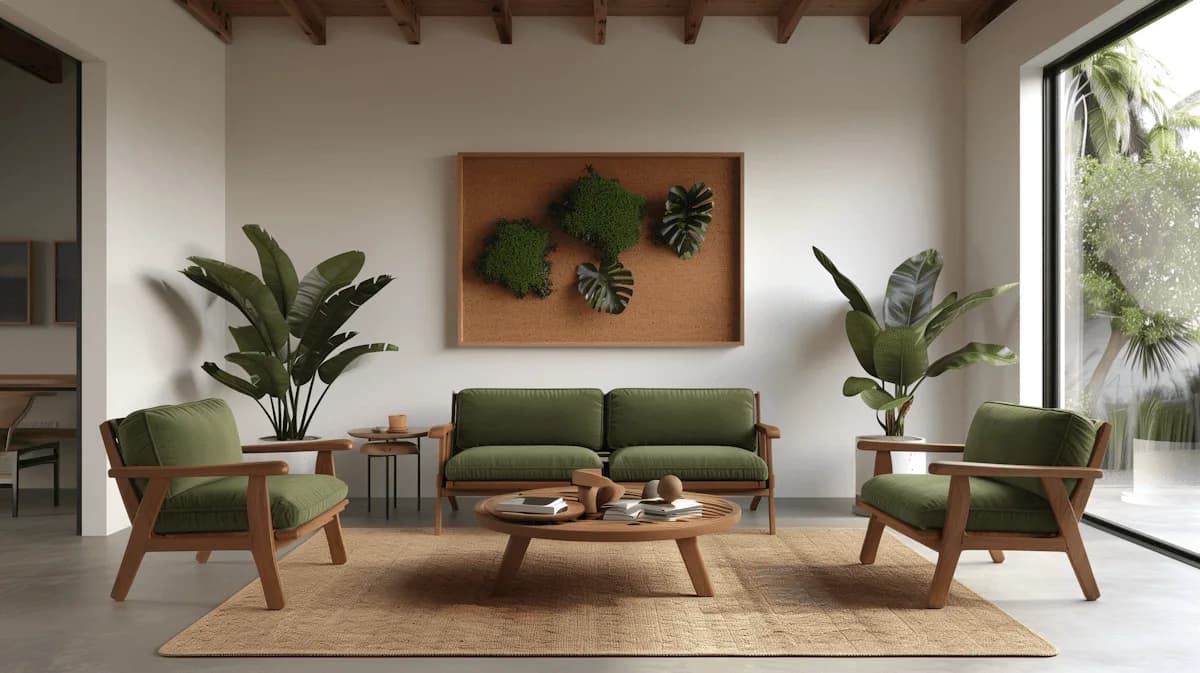 Un living luminoso con sillones, plantas y una mesa baja de madera
