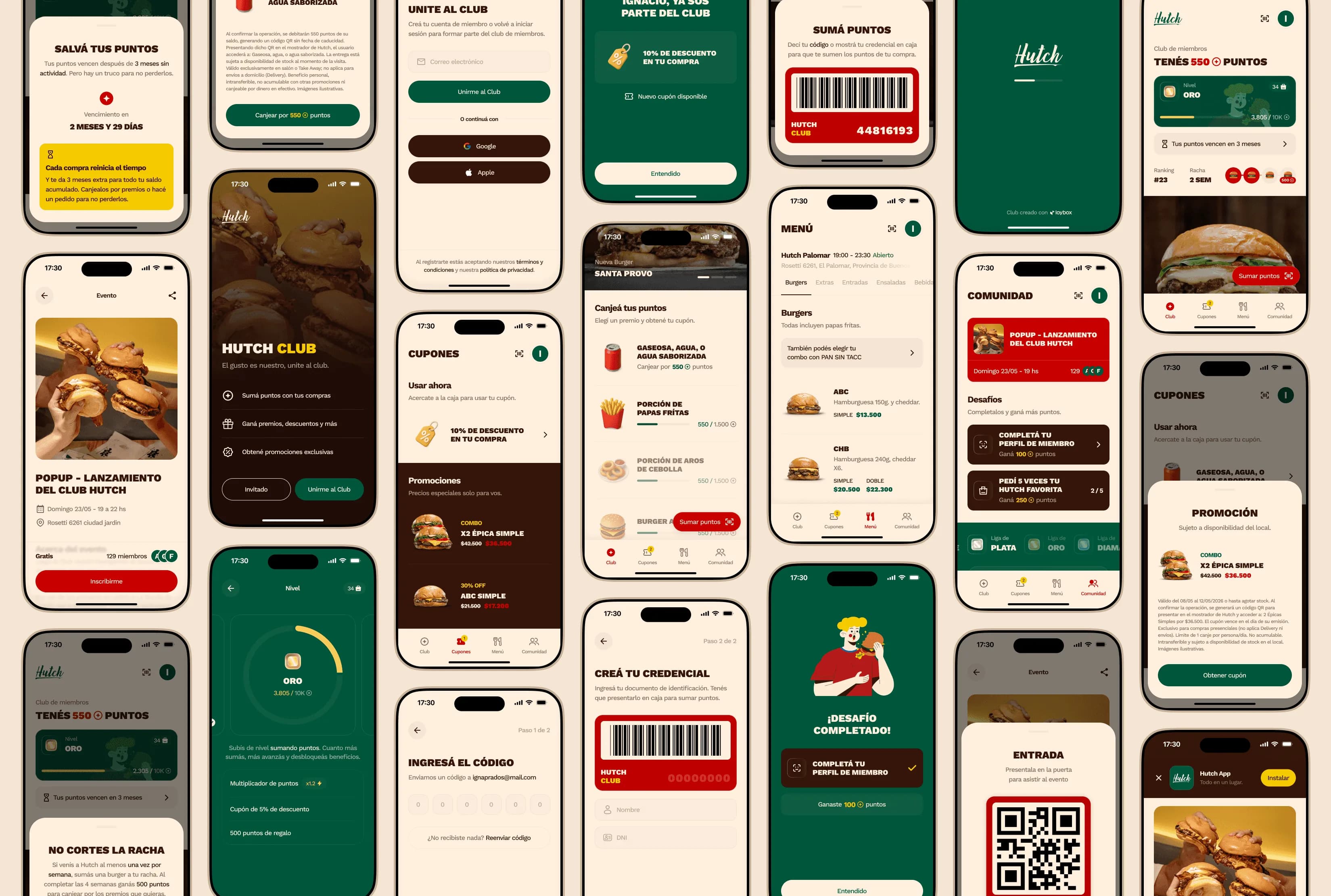 Un mosaico con las pantallas de la app del Hutch Club: el saldo de puntos, los cupones, el menú de hamburguesas, los desafíos, la credencial con código de barras y la racha