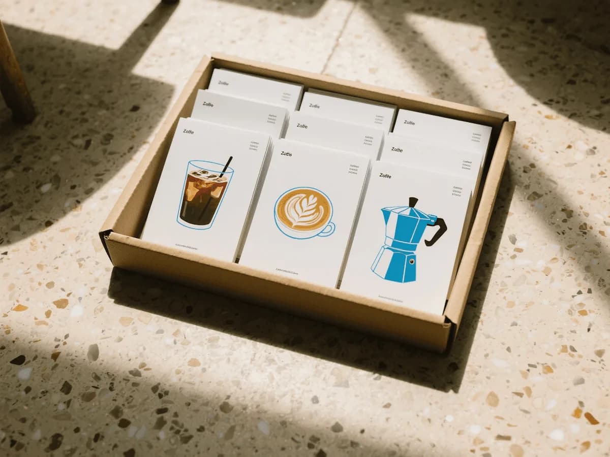 Una caja abierta con tarjetas ilustradas de café apoyada sobre una mesa de piedra