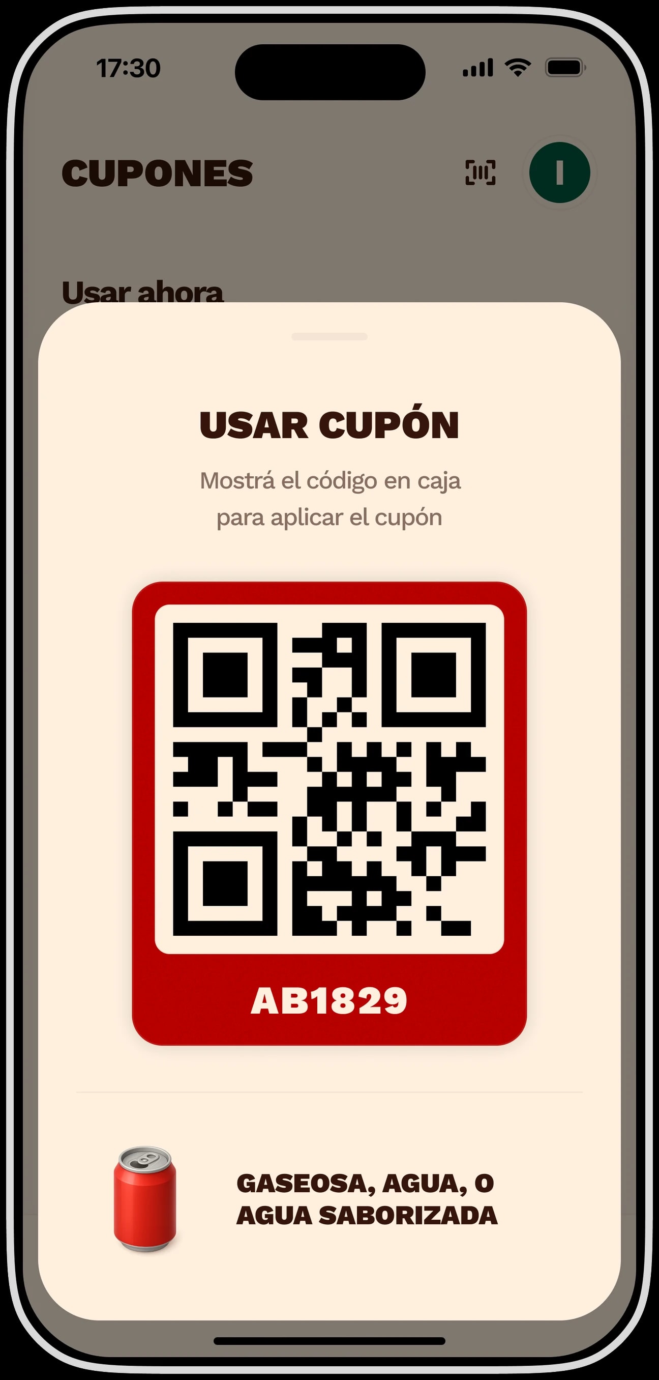 El cupón emitido por la app de Hutch, con el código QR para presentar en el mostrador