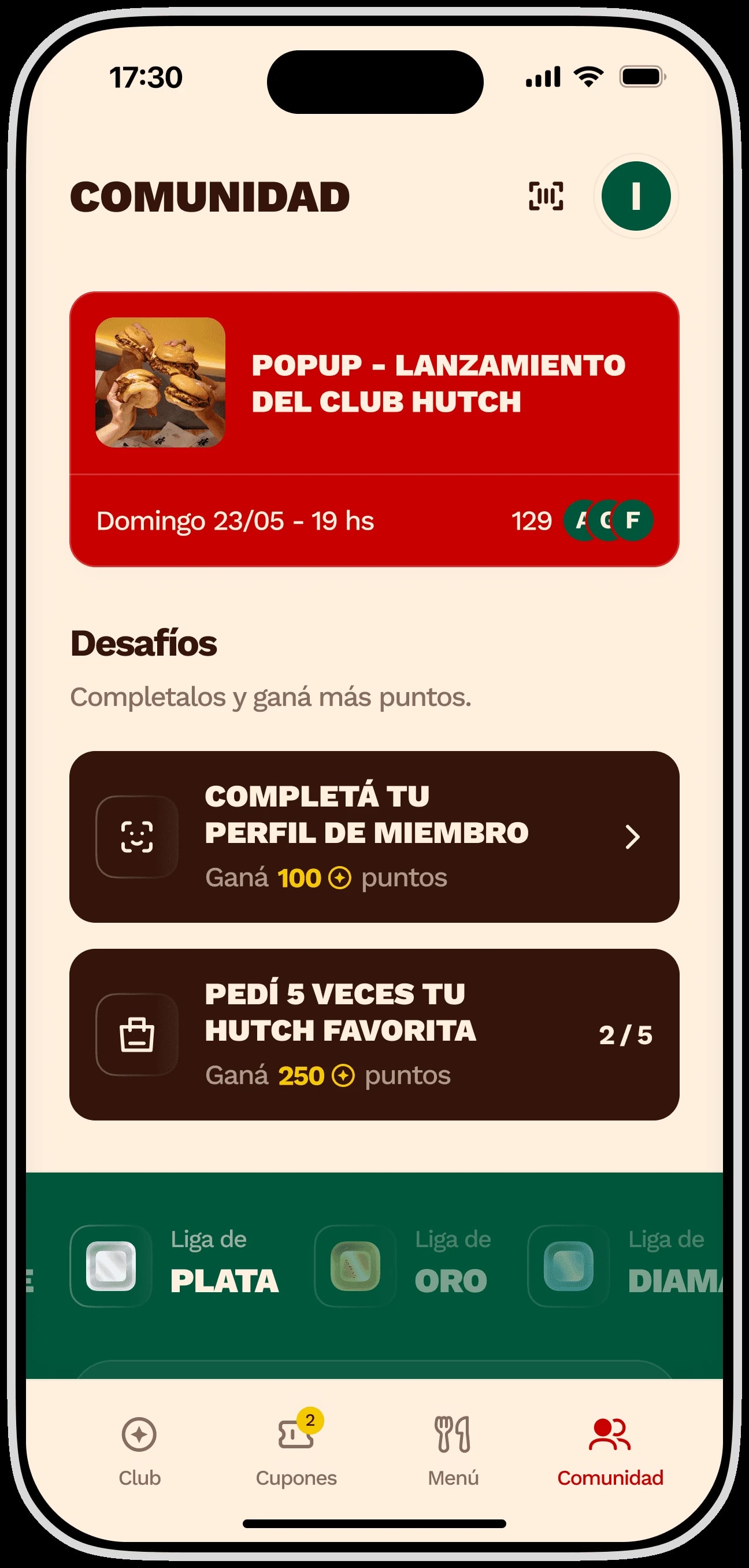 La sección de comunidad de la app de Hutch, con el evento del club, los desafíos y las ligas por nivel