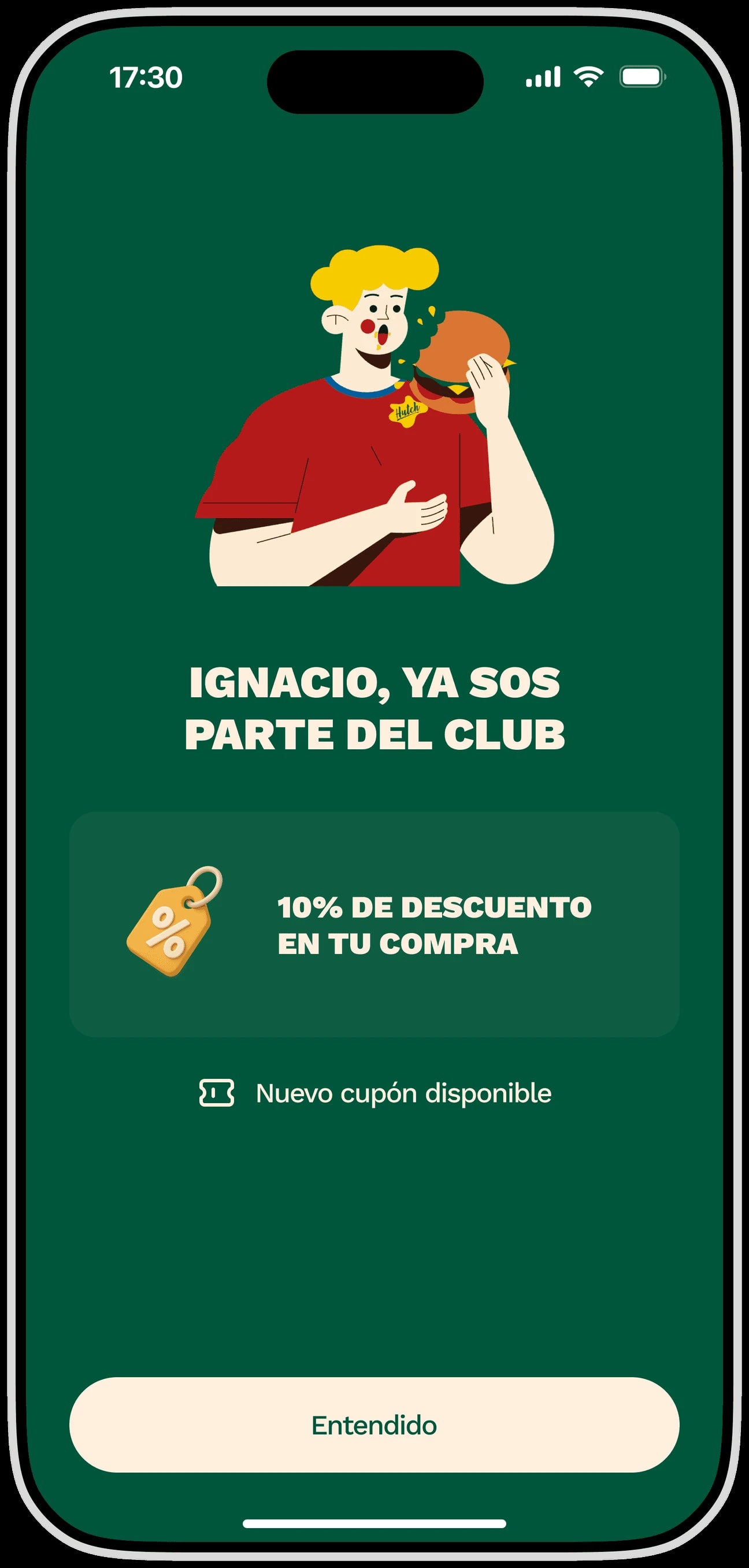 La confirmación de alta en el club de Hutch, con el cupón de bienvenida del 10% de descuento