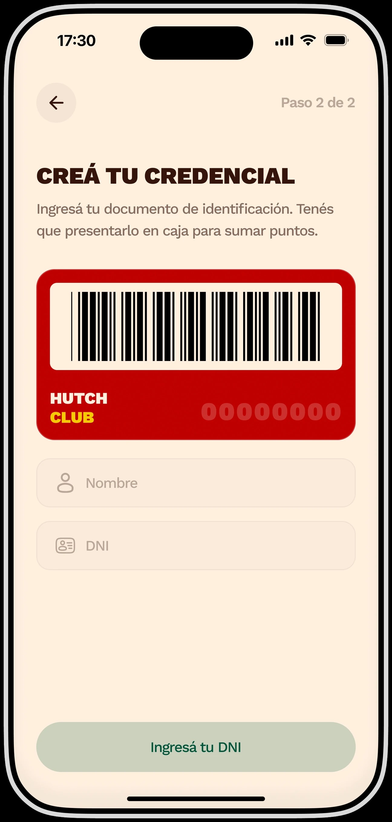 La pantalla de credencial de la app de Hutch: paso 2 de 2, con la tarjeta roja de código de barras del Hutch Club