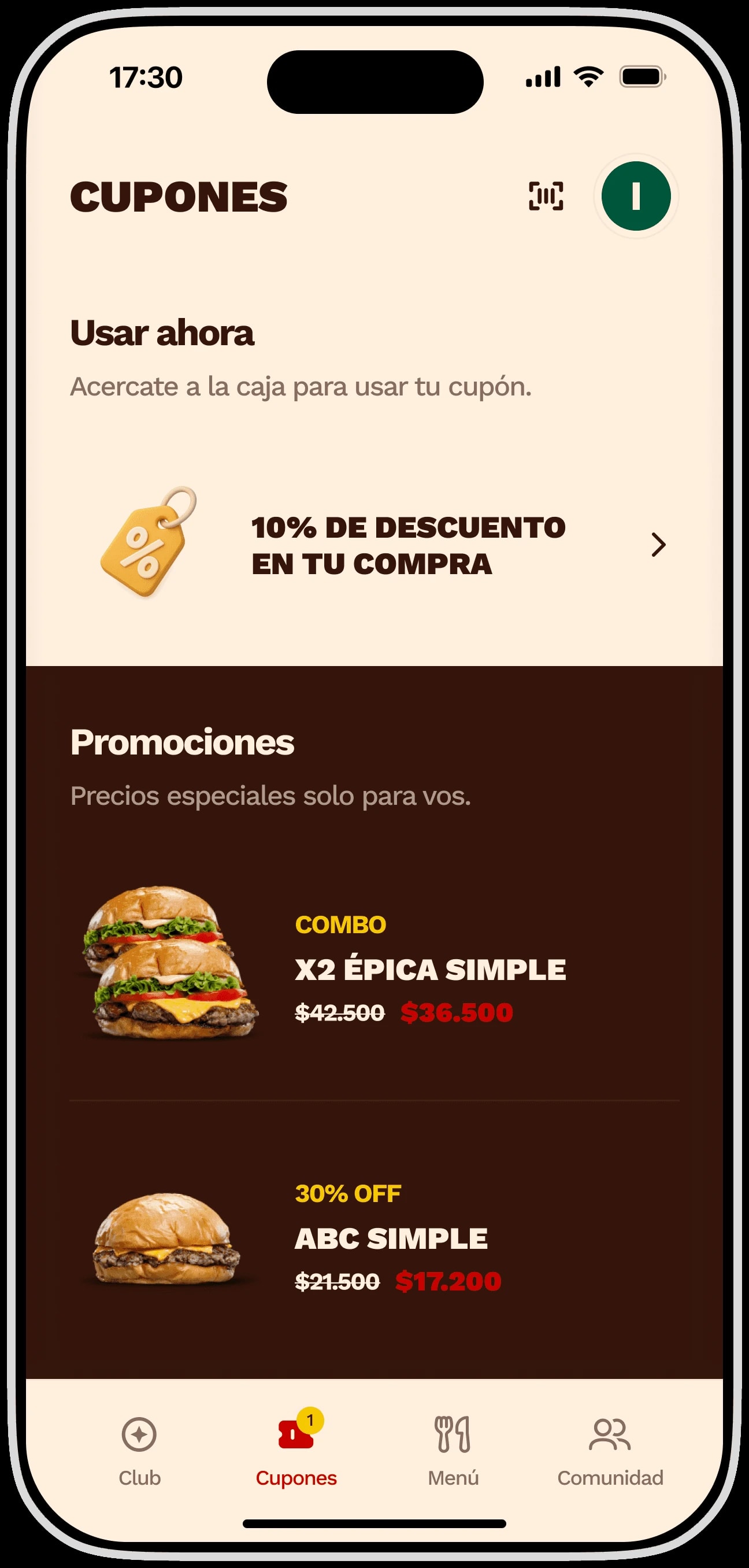 La sección de cupones de la app de Hutch, con el descuento disponible y las promociones del mes