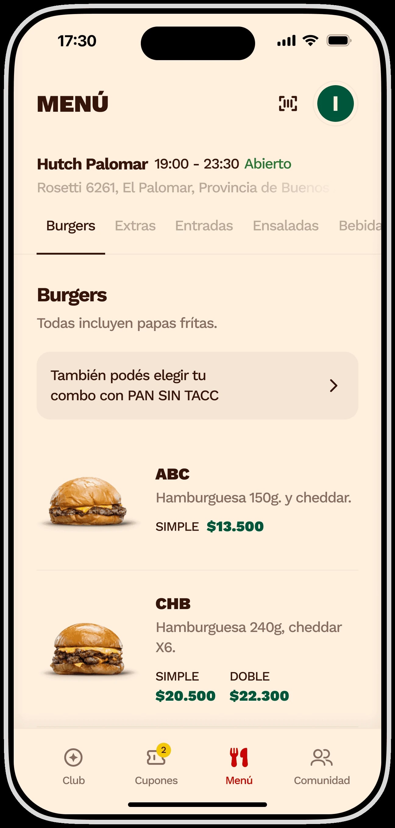 El menú digital de Hutch Palomar adentro de la app, con los precios y el horario del local