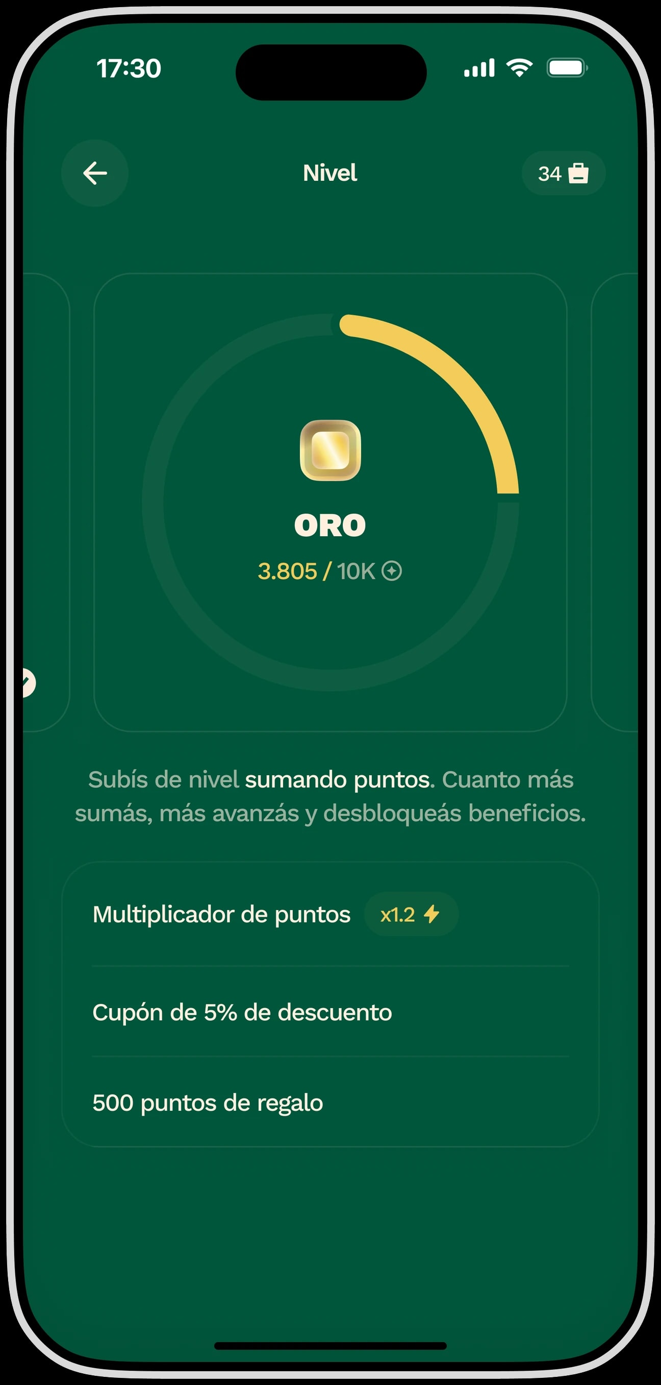 La pantalla de nivel de la app de Hutch: el anillo de progreso hacia Oro y los tres beneficios que desbloquea