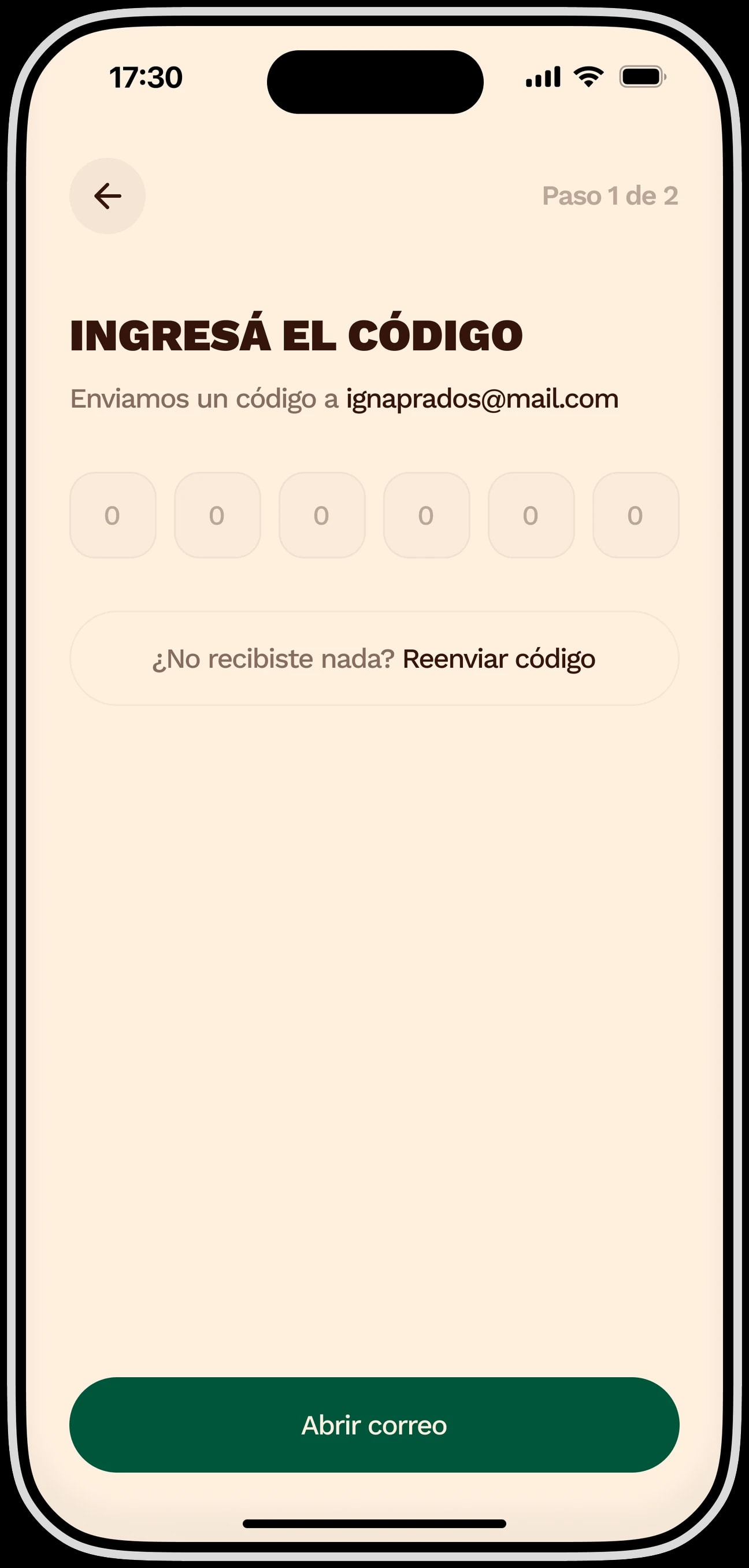 La pantalla de código de la app de Hutch: paso 1 de 2, con las seis casillas del código enviado por mail