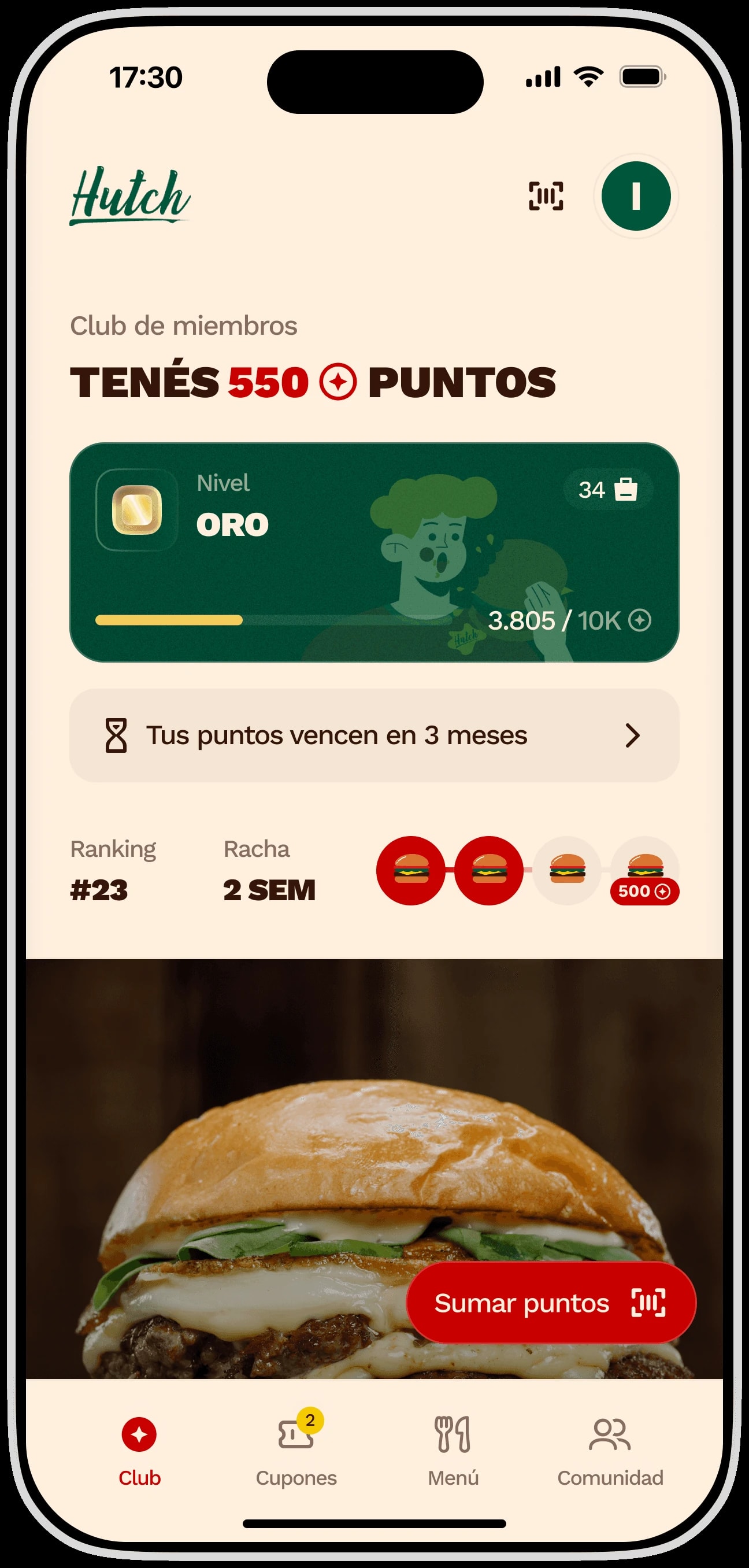 La pantalla principal de la app de Hutch con el saldo de 550 puntos, el nivel Oro, el ranking y la racha
