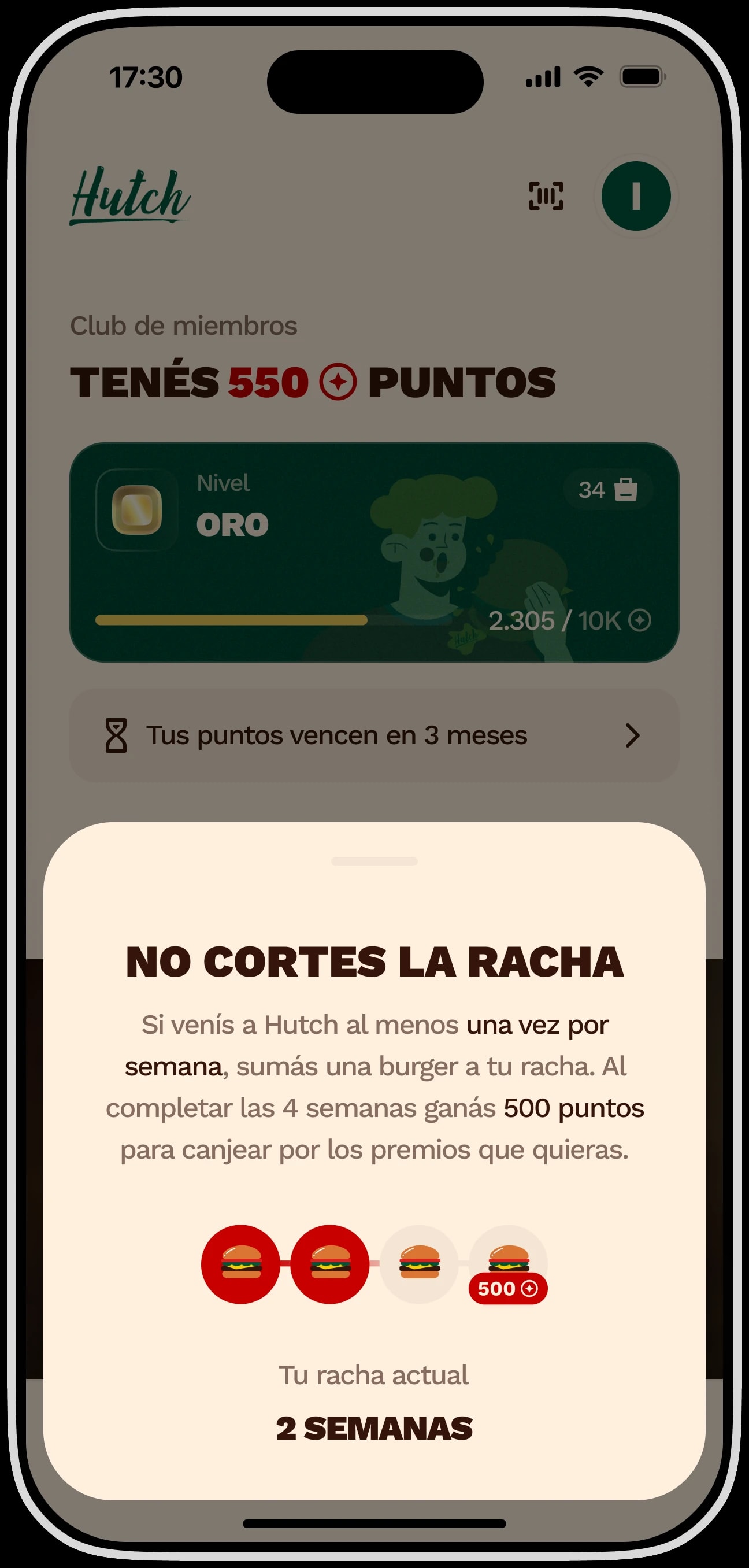 La pantalla de racha de la app de Hutch, con las cuatro semanas y los 500 puntos al completarla