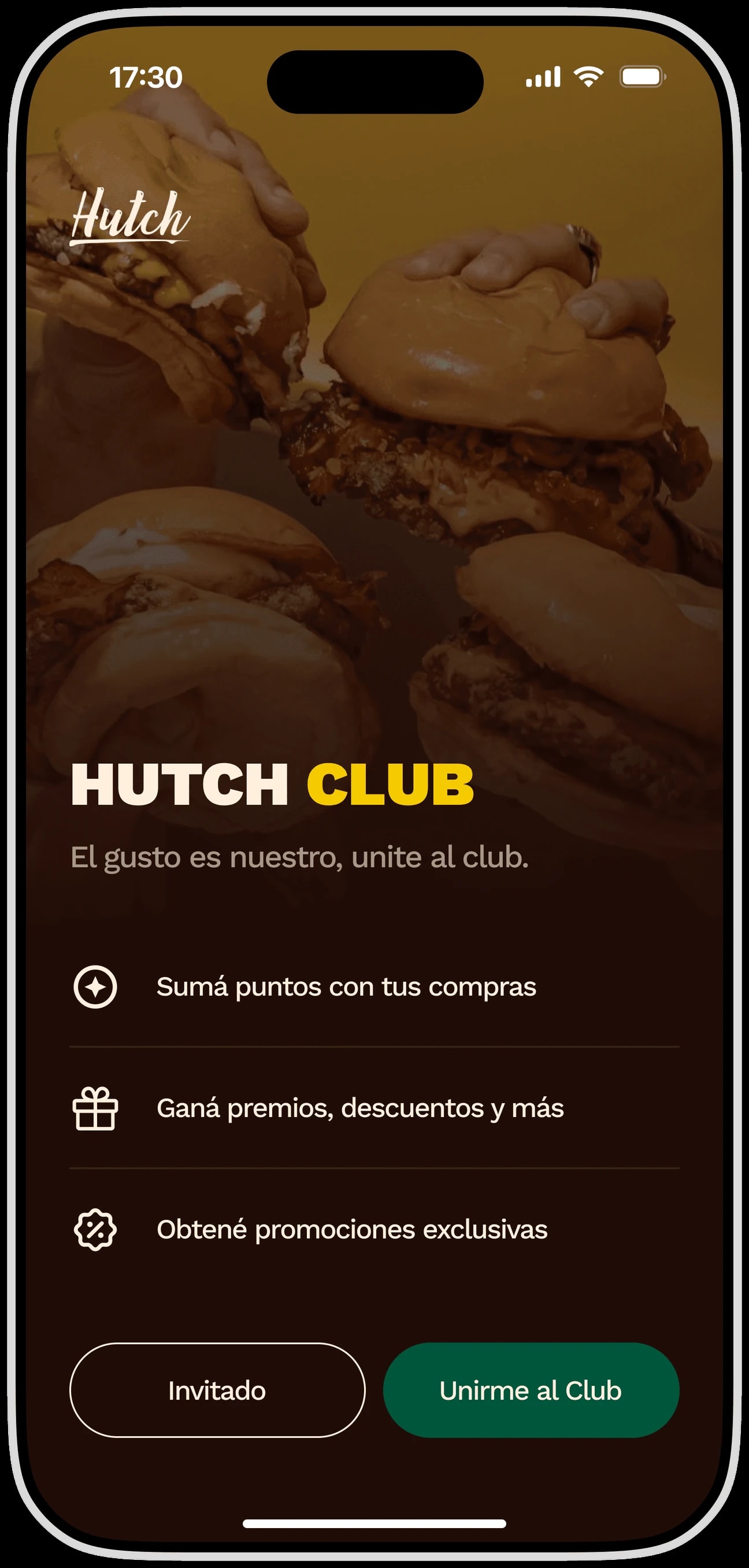 La invitación al club de Hutch: la foto de sus productos, el nombre del club en su tipografía y los tres beneficios listados