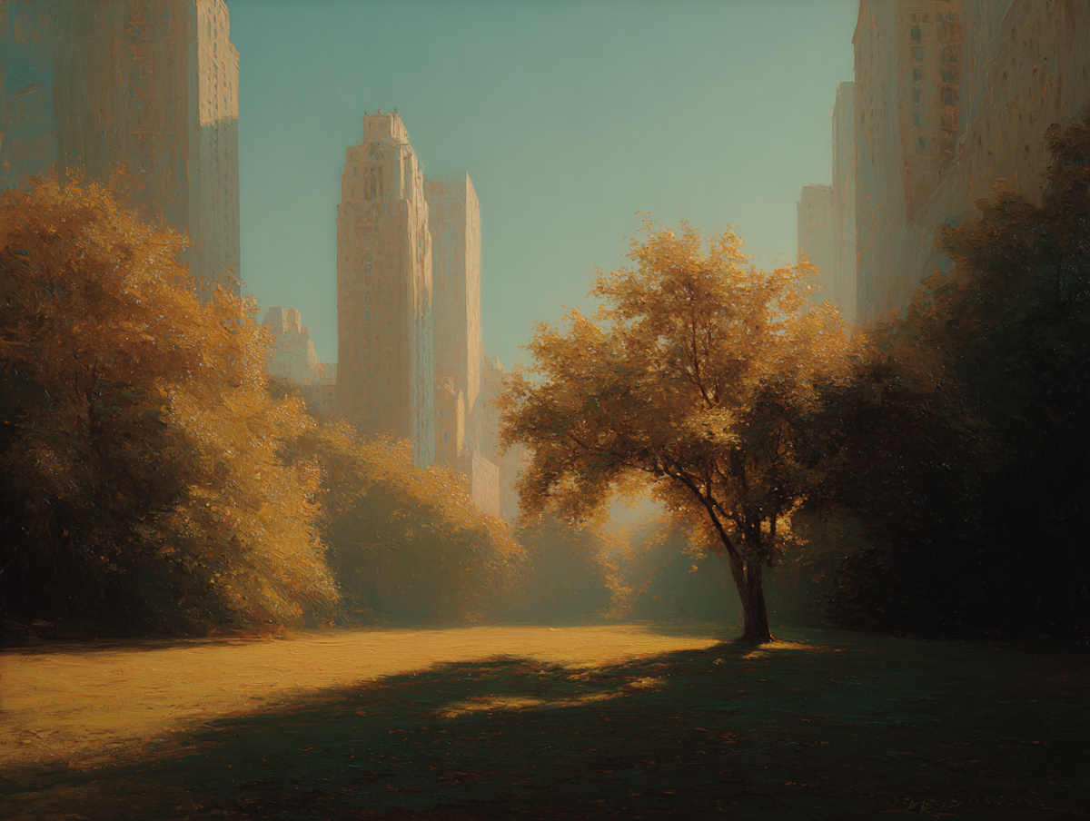Un parque con árboles de otoño al sol y edificios altos detrás