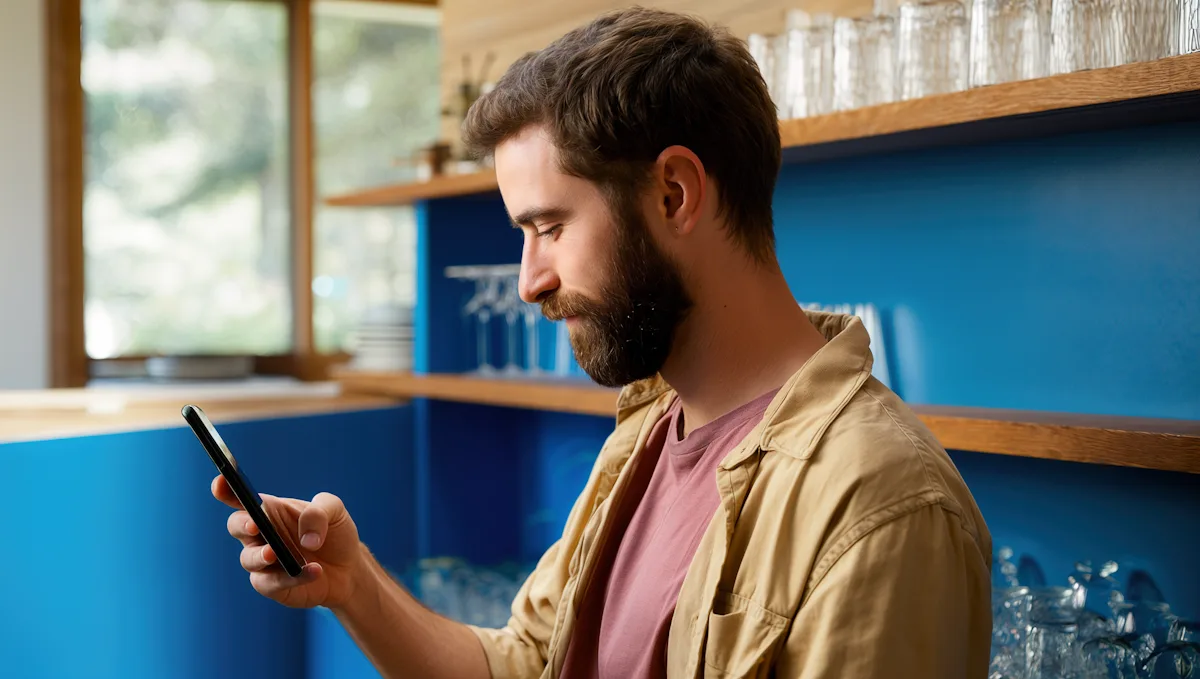 Las manos de una persona escriben un mensaje en el teléfono apoyadas sobre una mesa con luz natural