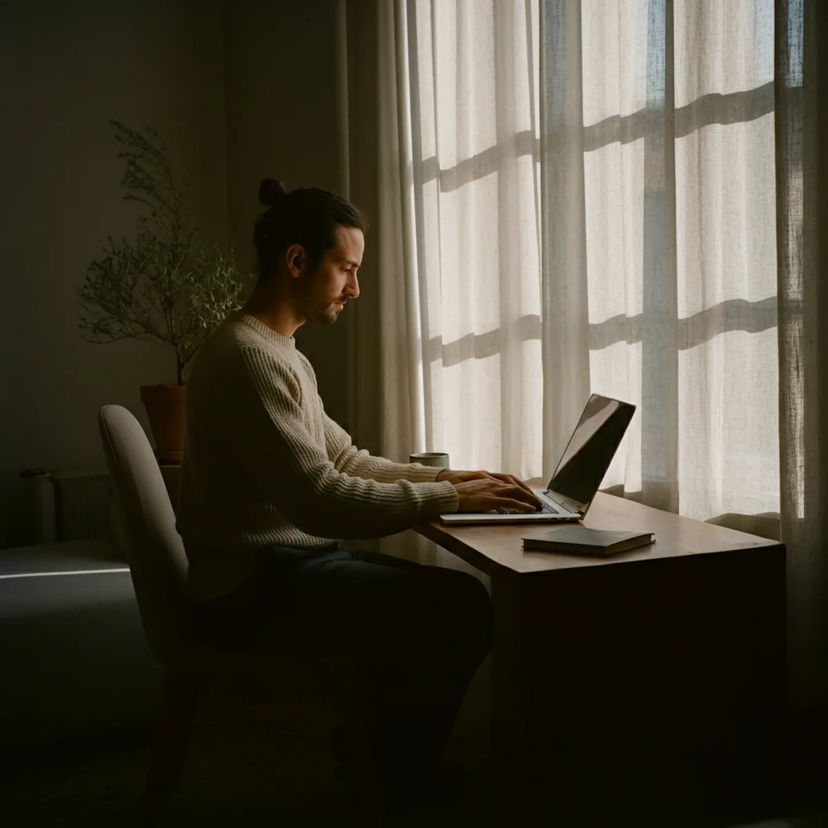 Una persona trabaja en su notebook sobre un escritorio de madera junto a una ventana con luz natural