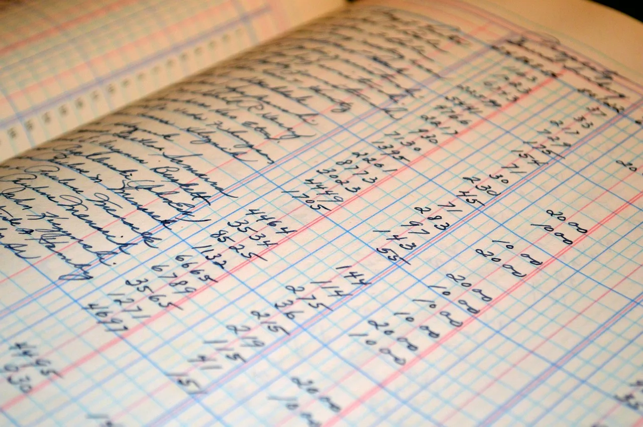 Un libro contable abierto con columnas de números escritos a mano sobre papel cuadriculado