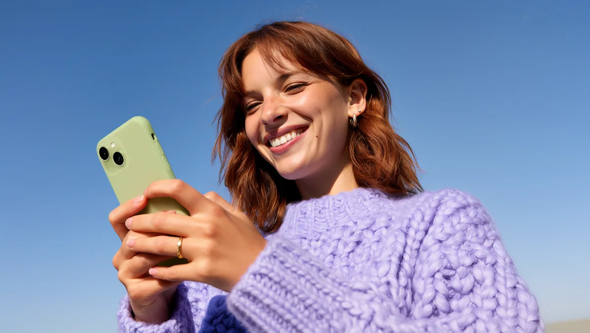 Una mujer mirando el celular sonriendo porque le hicieron un regalo.