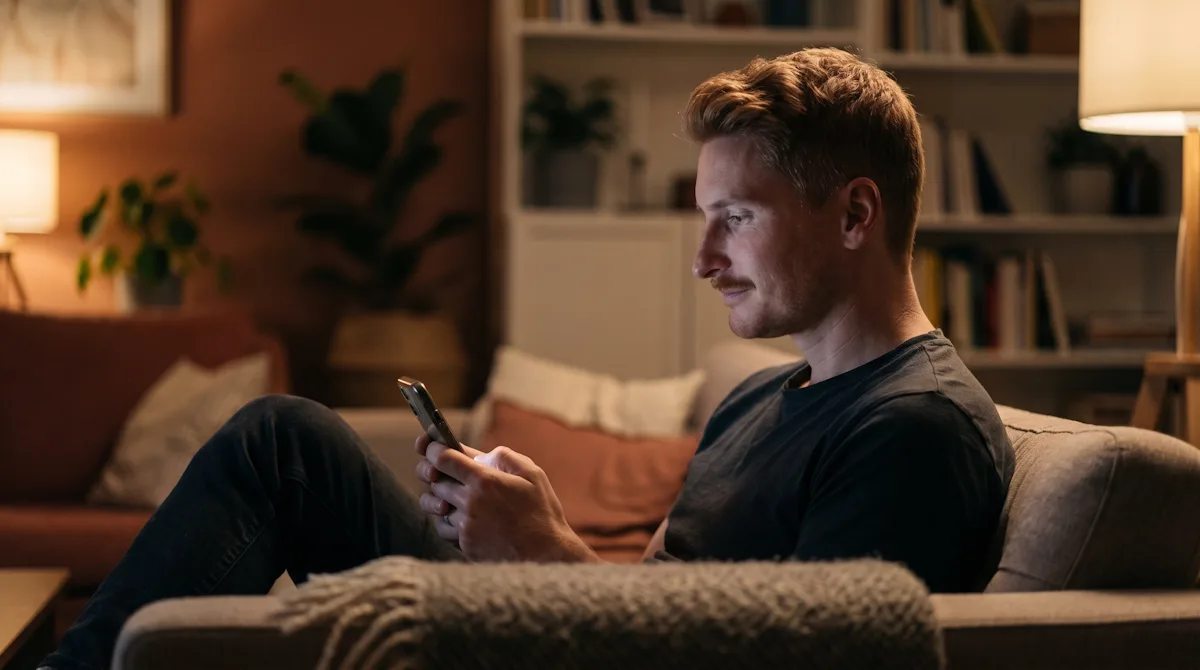 Un hombre viendo su teléfono sentado en su sofá