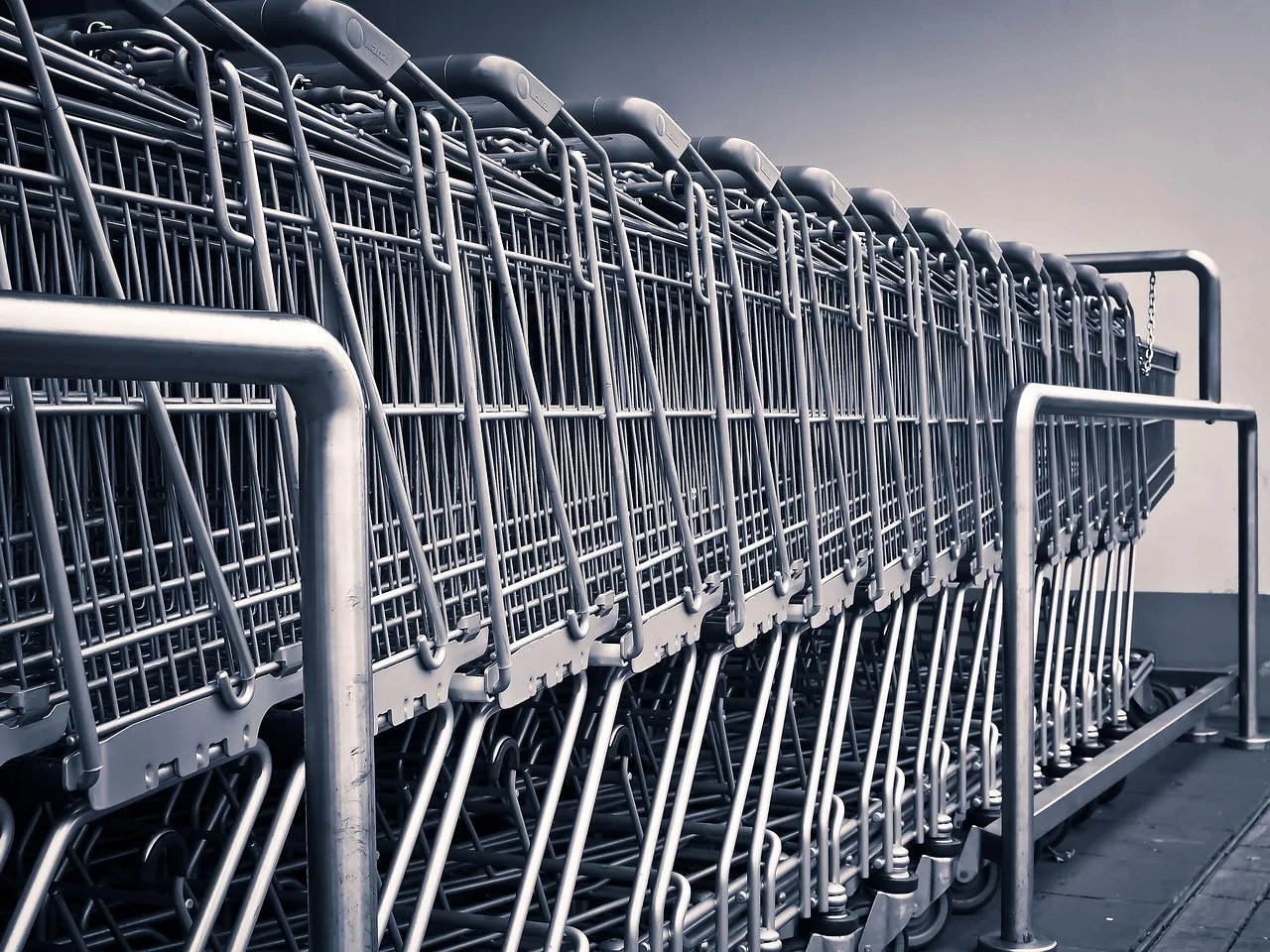 Una fila larga de changuitos de supermercado metálicos encastrados uno detrás del otro