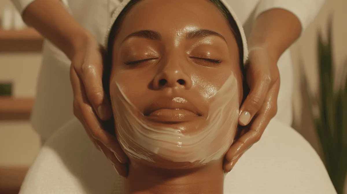 Una mujer recibe un tratamiento facial con los ojos cerrados en una camilla de spa