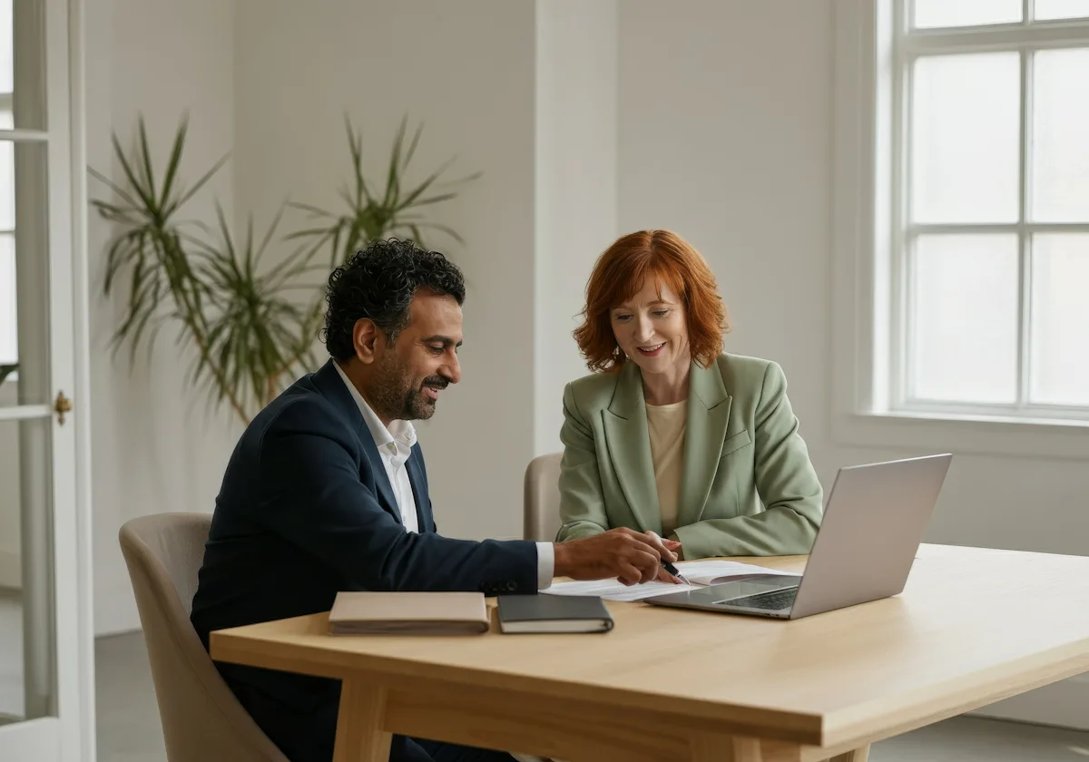 Dos profesionales trabajando en un escritorio dentro de una empresa.