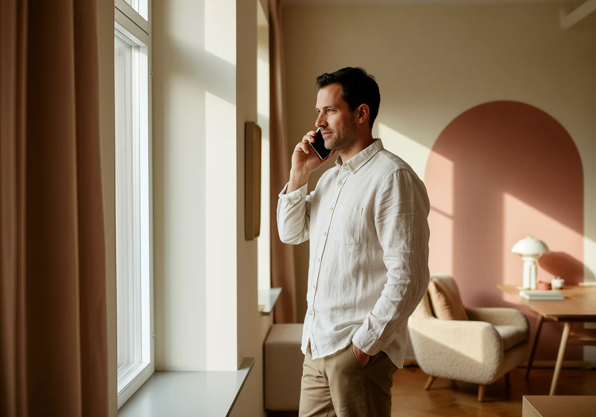 Una persona hablando por teléfono mirando hacia la ventana
